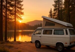 キャンピングカーと夕日