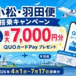 小松・羽田便搭乗キャンペーン2026|2回利用でQUOカードPay最大7,000円分